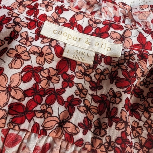 Cooper&Ella L red/peach microfloral cottagecore ruffle trim longsleeve flowy top - Picture 7 of 7
